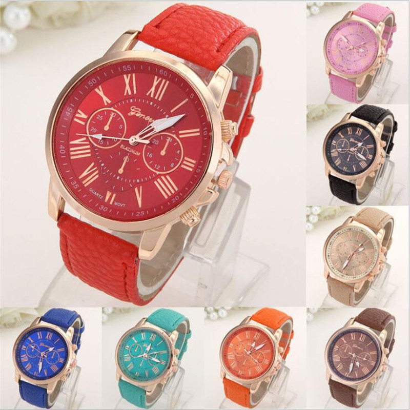 new fashion geneva women leather band stainless steel quartz analog wrist watch